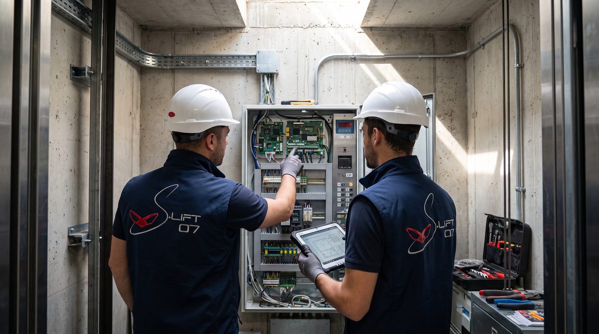 Deux techniciens SLIFT07 en discussion devant un tableau électrique d'ascenseur
