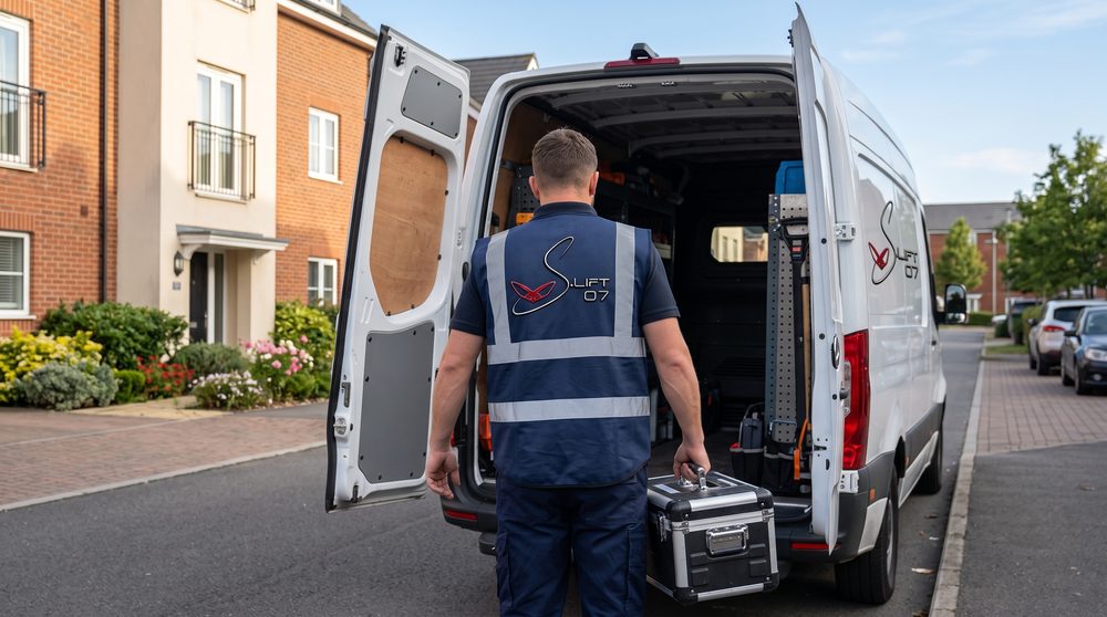 Technicien S LIFT 07 récupérant sa caisse à outils dans le véhicule d'intervention