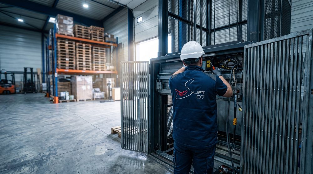 Technicien SLIFT07 intervenant sur un monte-charge industriel